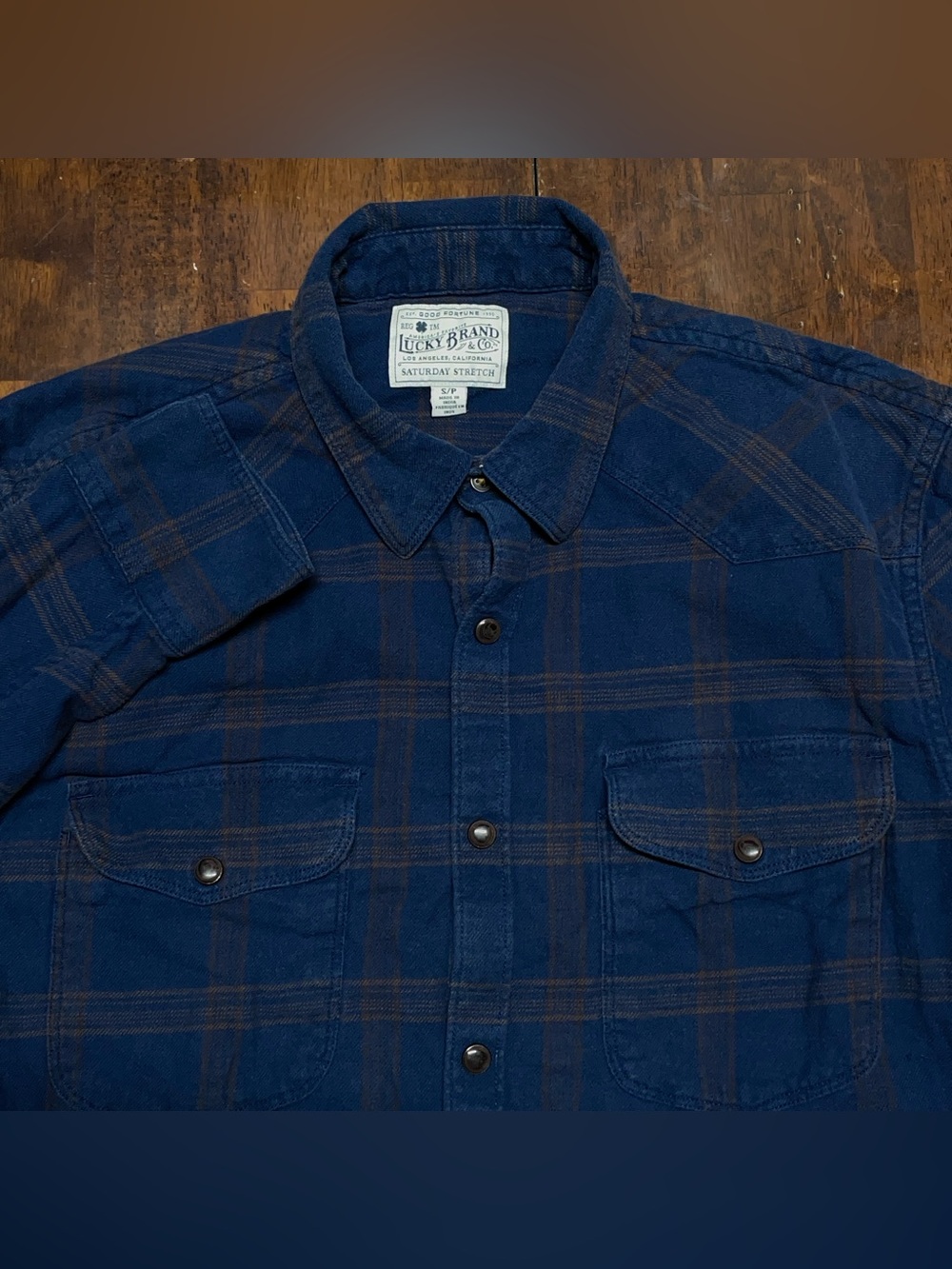 Lucky Brand Shirt Saturday Stretch Mens Small Blue Plaid Pearl Snap Long Sleeve